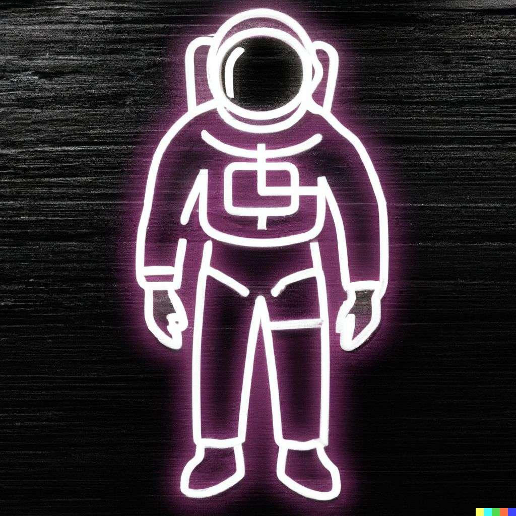 an astronaut, neon sign on a black wall